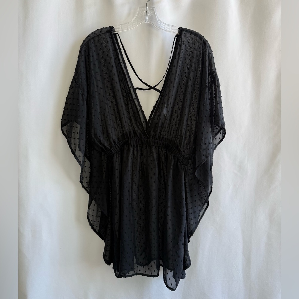 Time and Tru Black Sheer Dot V-Neck Swim Cover-Up